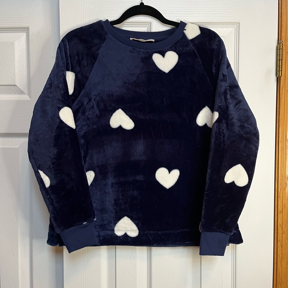 NWT LOFT Navy Velvet Sweater with White Heart Design